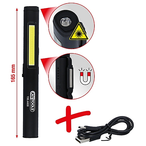 Zwarte staafwerklamp met LED en laser, details: magneet, oplaadpoort, inclusief USB-kabel. Afmeting 165 mm.